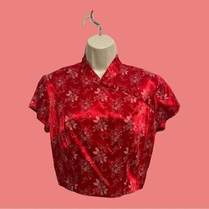 Vintage Asian Style Crop Top Silky Red Blouse Estimated Size Small